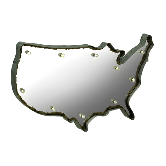 Zeckos Rustic US Map Silver Marquee Light-Up Framed Specialty Mirror