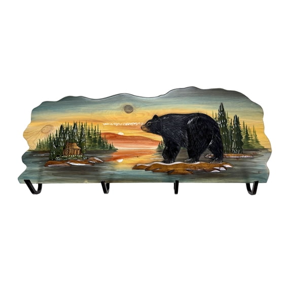 Zeckos Rustic Walking Bear Cabin Wood Wall Coat Rack 39.5 inch with 4 Hooks