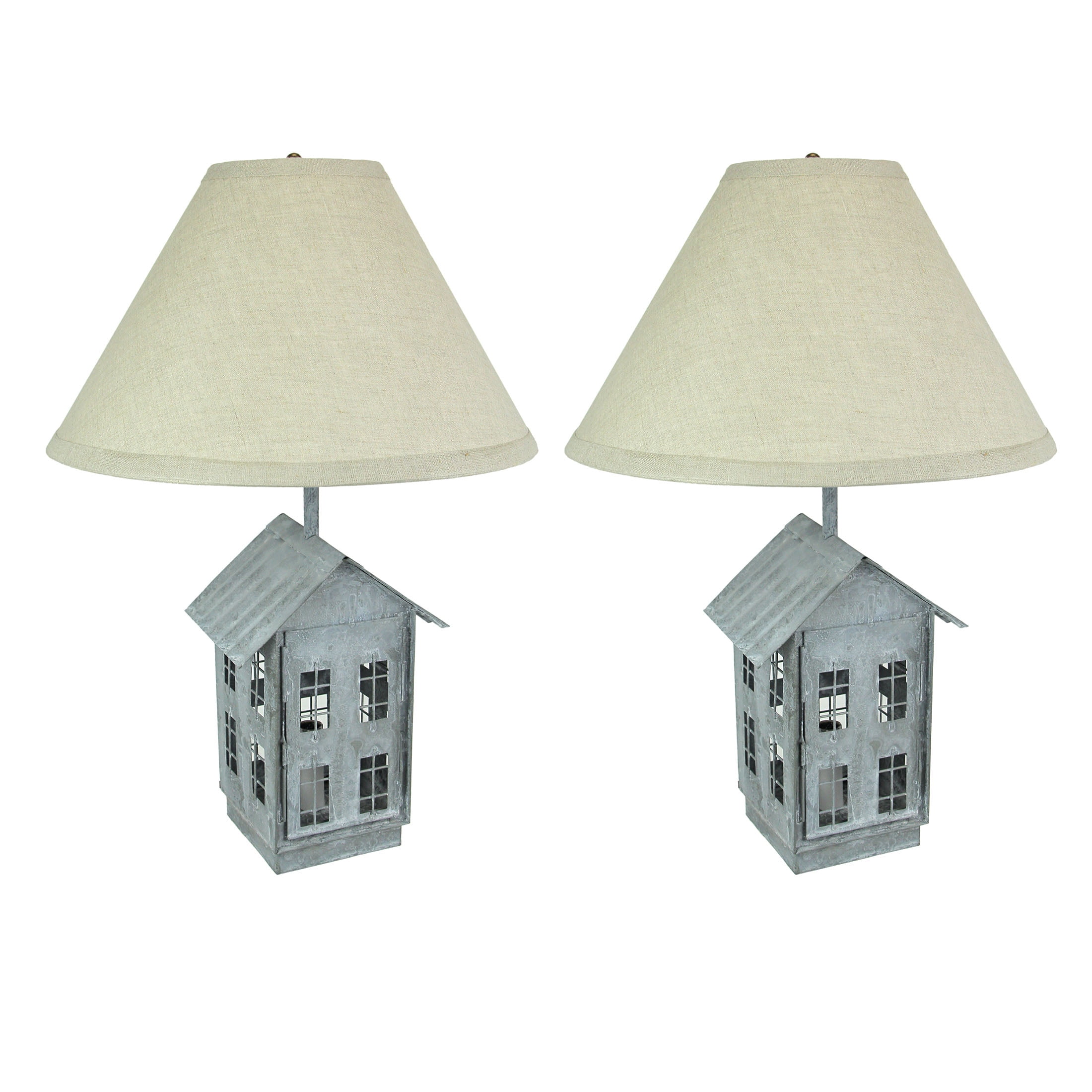 Set of 2 Rustic Zinc House-Shaped Table Lamps with Linen Shades
