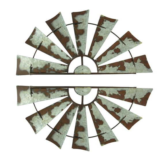 Zeckos Rusty Galvanized Metal Half Windmill 24 inch Set of 2