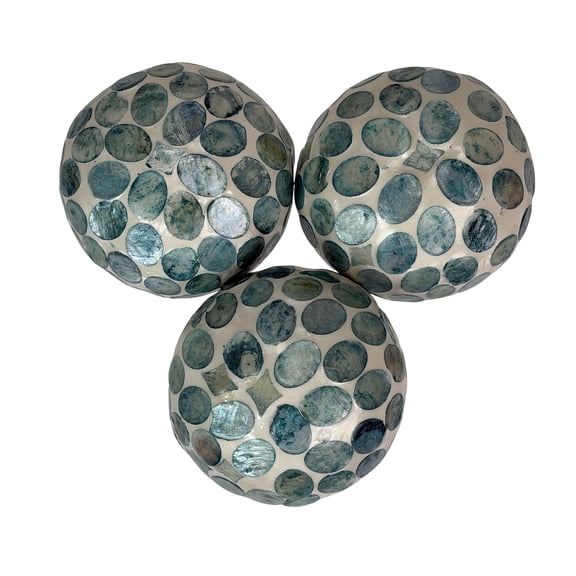 Zeckos Sea Blue Capiz Shell 4 inch Decorative Orbs Set of 3, Coastal Bowl Fillers