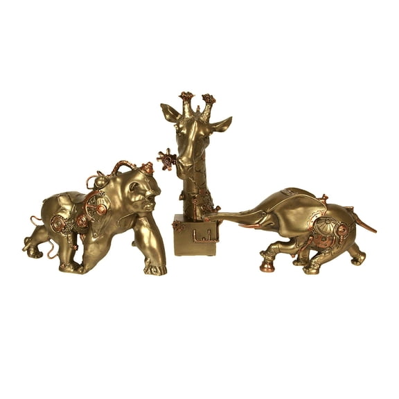 Zeckos Set of Three Steampunk Sculptures: Elephant, Gorilla, Giraffe in Bronze Resin