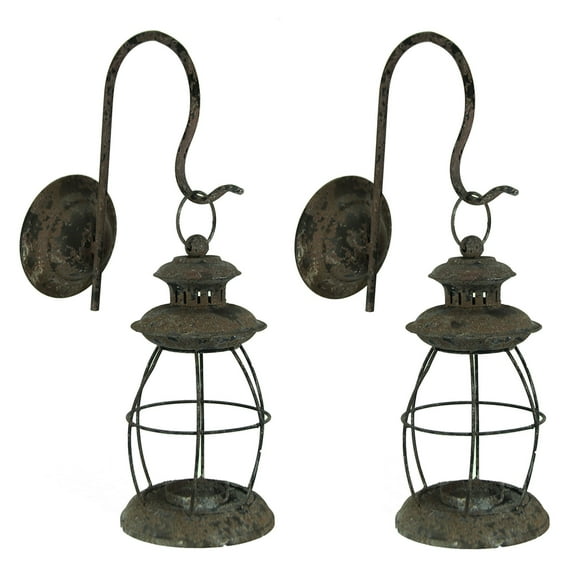 Zeckos Set of 2 Distressed Black Wall-Mounted Metal Candle Sconces Lanterns - Black - Size
