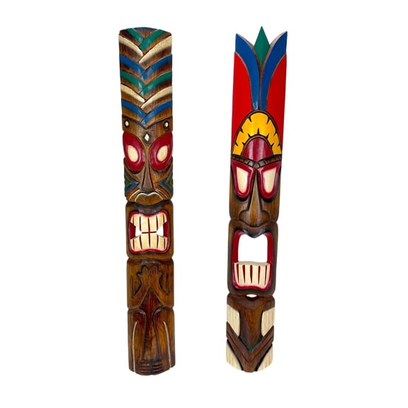 Zeckos Set of 2 Hand Carved Wood Tiki Mask Wall Sculptures, 39.5 inch Tall