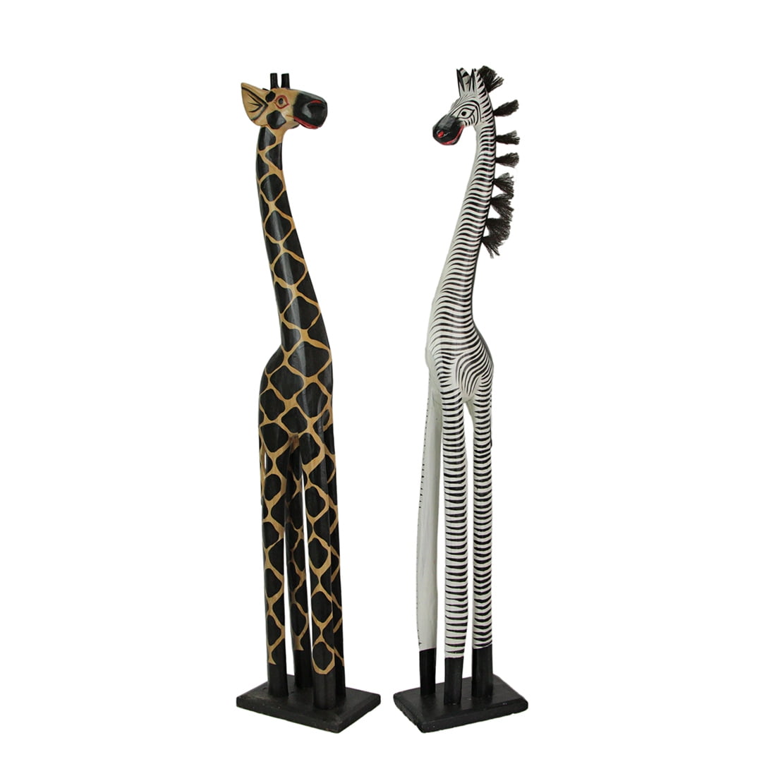 置物 GIRAFFE AND ZEBRA Zeckos Set of 2 Hand Carved and Painted 36 inch High Wood Giraffe