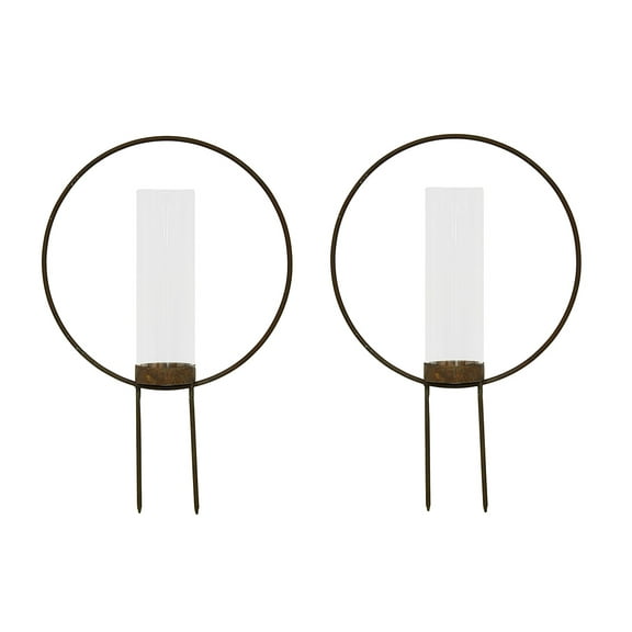 Zeckos Set of 2 Rust Color Metal Hoop Outdoor Ground Candleholders 12 inch