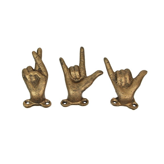 Zeckos Set of 3 Antique Gold Cast Iron Hand Gesture Wall Hooks