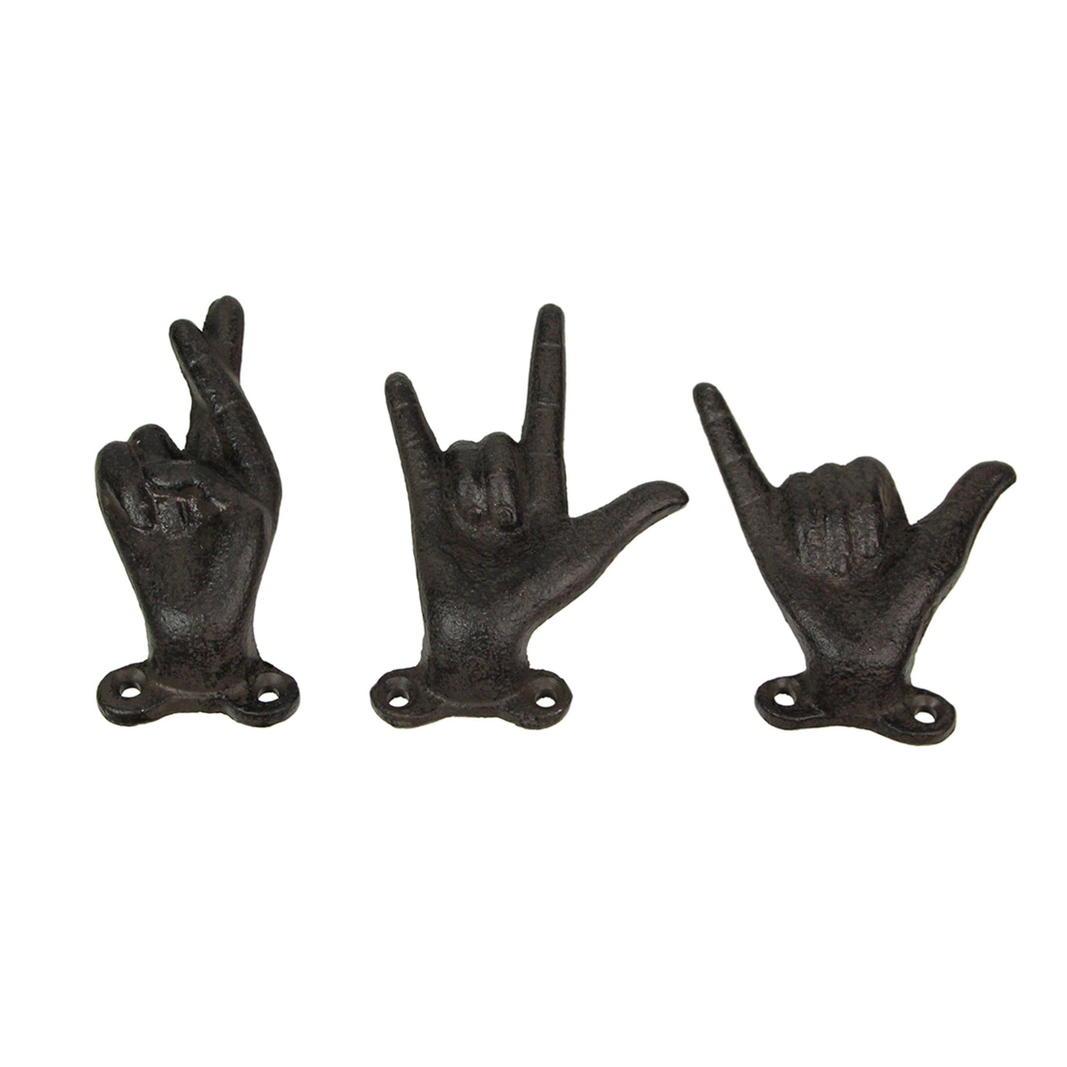 Set of 3 Black Cast Iron Hand Gesture Wall Hooks