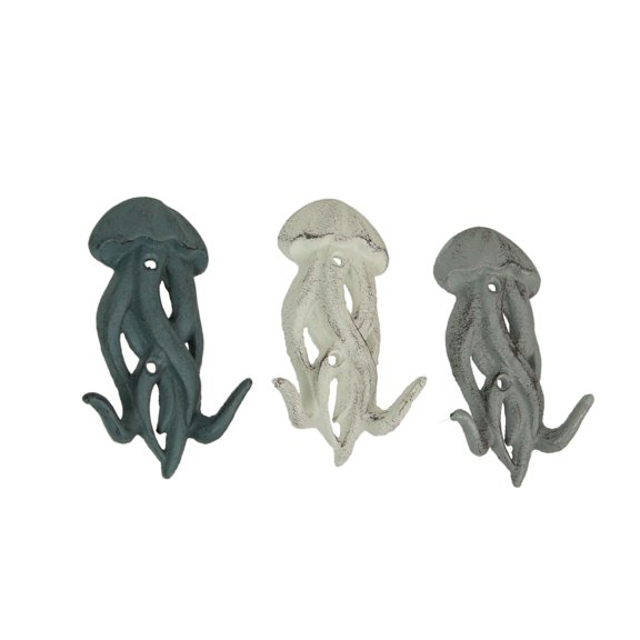 Zeckos Set of 3 Cast Iron Jellyfish Wall Hooks 5 inches High - Blue , Gray, White