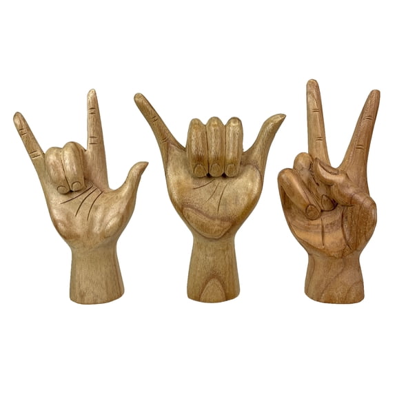 Zeckos Set of 3 Wood Hand Sculptures Peace, Love You, Hang Loose