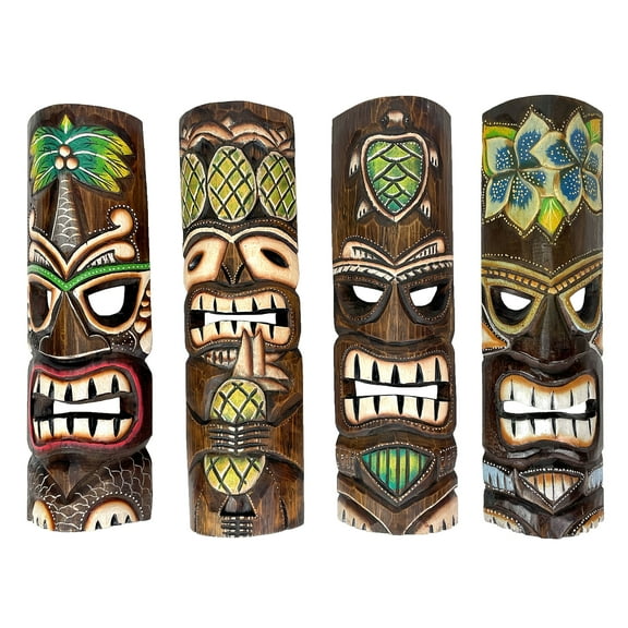 Zeckos Set of 4 Hand-Carved 20" Tiki Wall Masks Tropical Hawaiian Decor