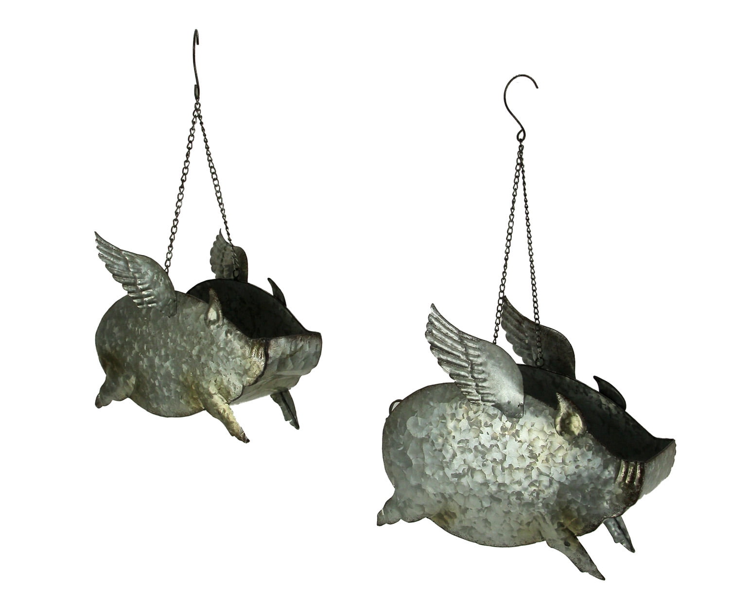 Zeckos Silver Galvanized Metal Flying Pig Hanging Planters Set of 2