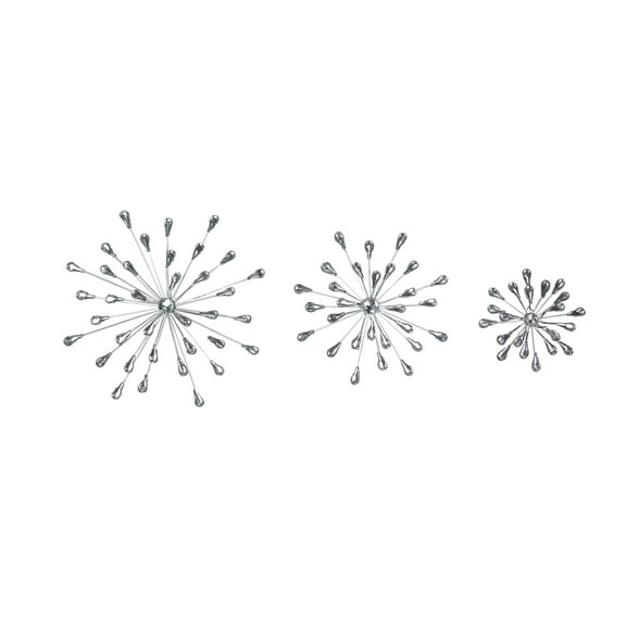 Zeckos Silver Metal Starburst Jeweled Wall Hanging Art Set of 3