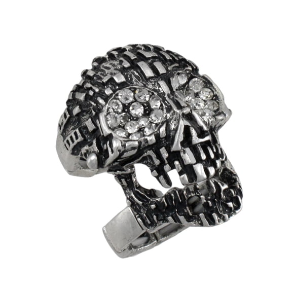 Zeckos Silvertone Skull Armor Ring with Rhinestone Eyes