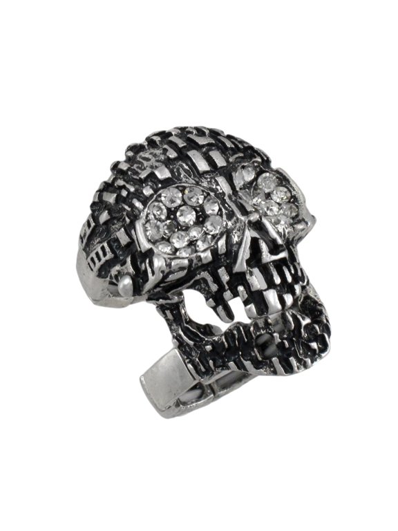 Silvertone Skull Armor Ring with Rhinestone Eyes