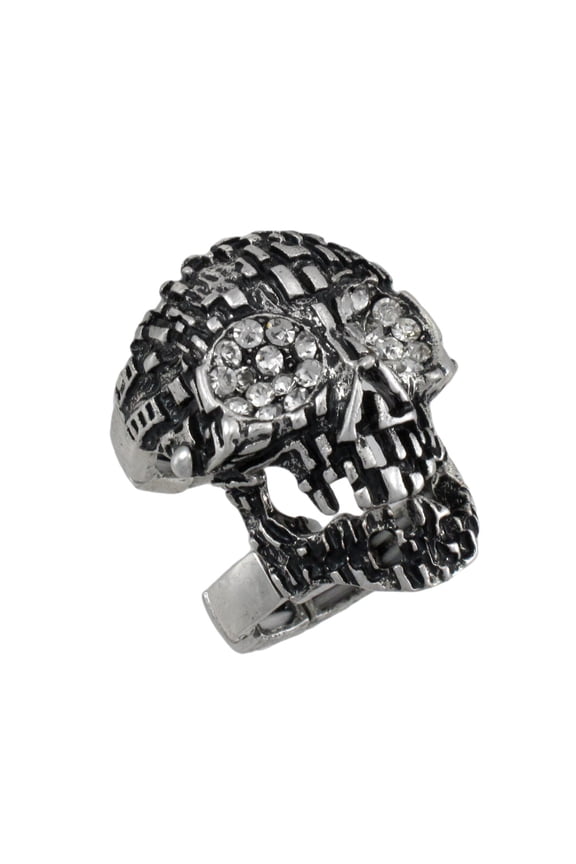 Silvertone Skull Armor Ring with Rhinestone Eyes