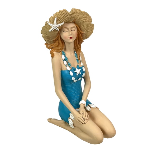 Zeckos Sitting Beach Girl Figurine Blue Swimsuit Straw Hat Sunbathing 7.75 inch - Blue - Size 7.75 inch