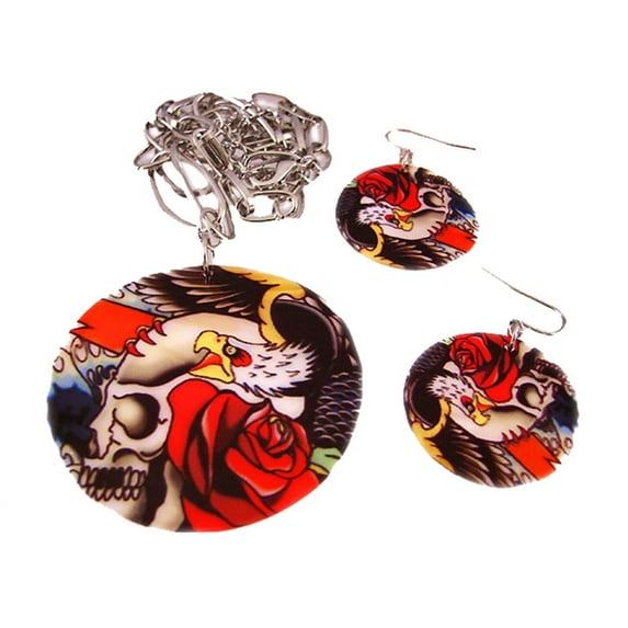 Zeckos Skull & Roses Shell Necklace & Earrings Set