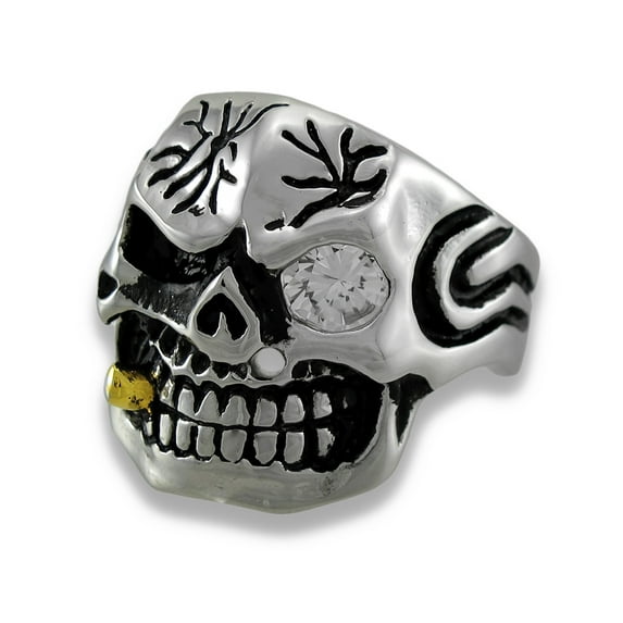 Zeckos Stainless Steel Tribal Skull Ring w/Cigar and Rhinestone Eye Size 11