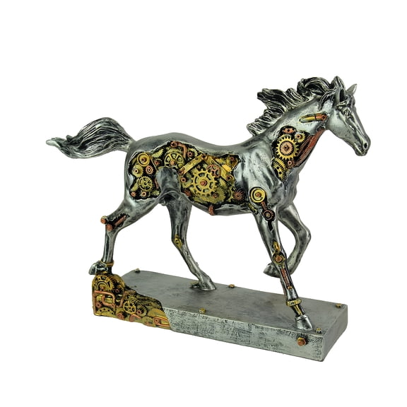 Zeckos Steam Stallion Metallic Silver Running Steampunk Horse Statue