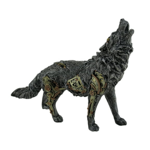 Zeckos Steampunk Style Howling Gray Wolf Resin Statue 13.25 inches Long