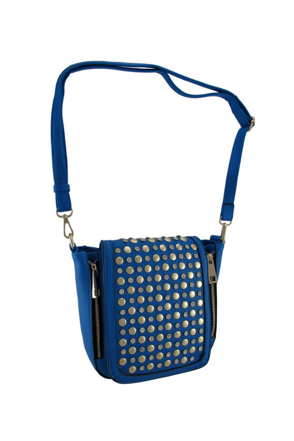 Studded Rhinestone Expandable Shoulder Bag w/Detachable Strap - Blue - Size Small