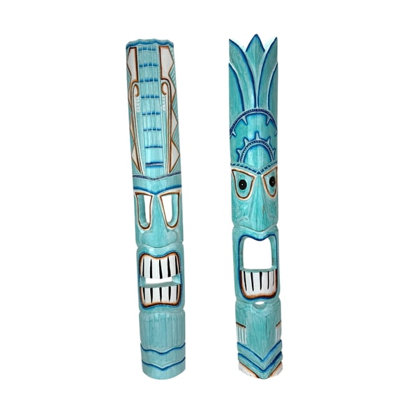 Zeckos Tiki Wall Sculptures Set of 2, Aqua Hand Carved Wood Masks, 39 inches Tall