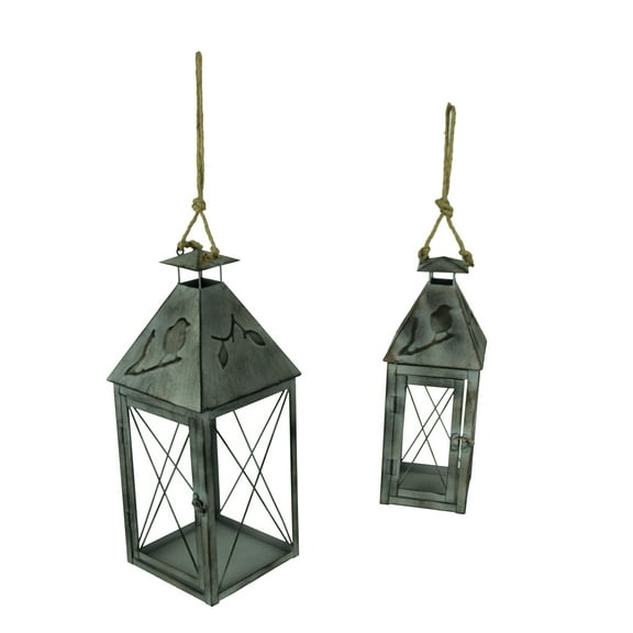 Zeckos Vintage Grey Metal Bird On Branch Square Candle Lantern Set of 2