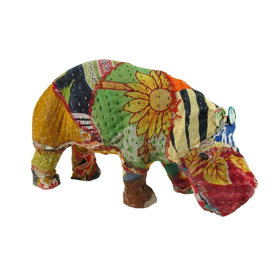 Zeckos Vintage Sari Fabric Decorated Paper Mache Hippo Sculpture 6 in.