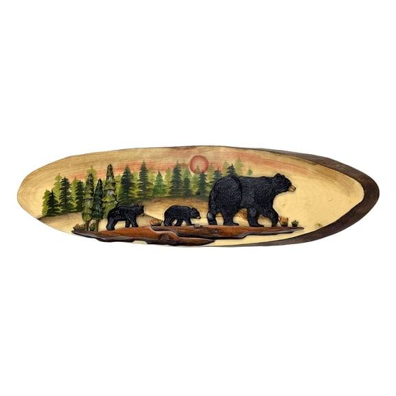 Zeckos Walking Bear Family Wood Wall Sculpture 31.5 x 9 in Rustic Oval Cabin Decor