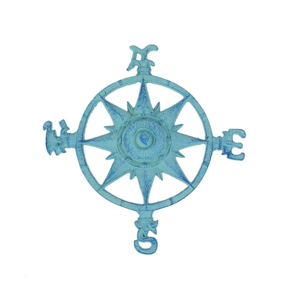 Zeckos Weathered Blue Cast Iron Compass Rose Wall Hanging