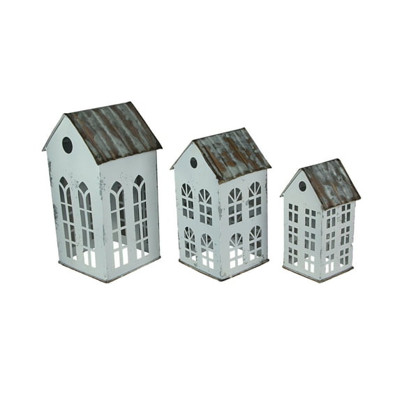 Zeckos White Metal Farmhouse Shaped Candle Holders Set of 3