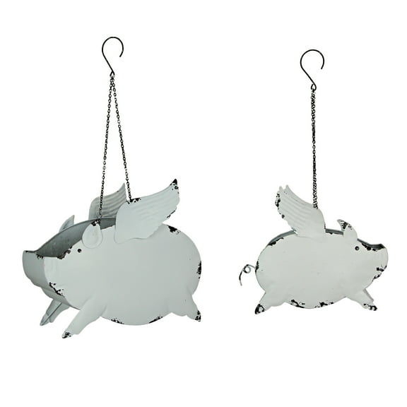 Zeckos White Metal Flying Pig Hanging 13 and 11 inch Planters Set of 2