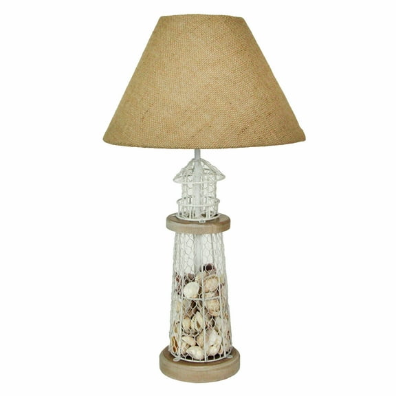 Zeckos White and Gray Seashell Filled Lighthouse Table Lamp