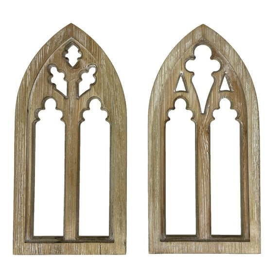 Zeckos Whitewashed Wood Gothic Arch Window Frame Wall Decor 2 Piece Set - White - Size 16 inches