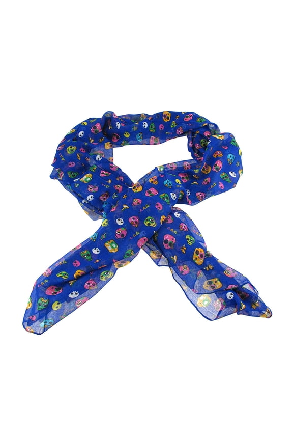 Women's Lightweight Blue Gauze Skulls and Hearts Shawl Scarf