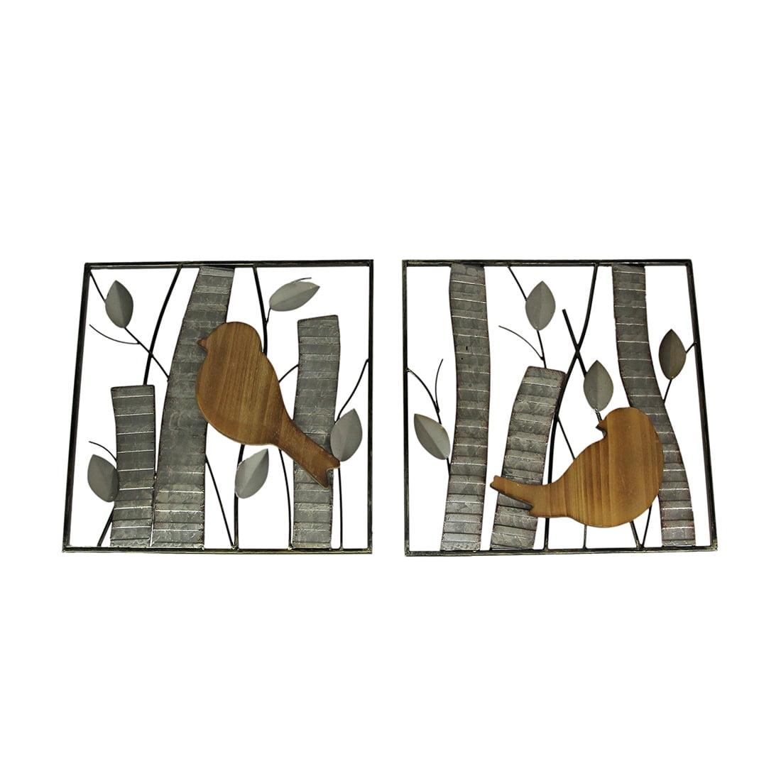 Distressed Silver and Natural Brown Metal and Wood Bird Wall Sculpture Set