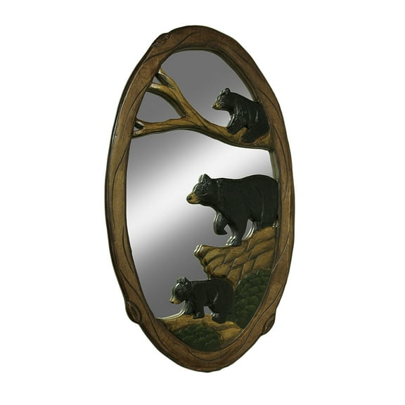 Zeckos Woodland Black Bear Family Hand Crafted Wood Wall Mirror 39 in.