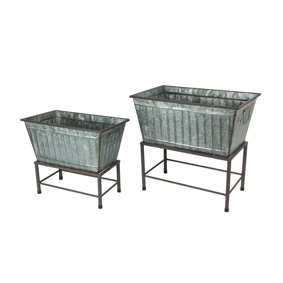 Zeckos Zinc Finish Metal Tub Planters On Stands Western Decor Set of 2