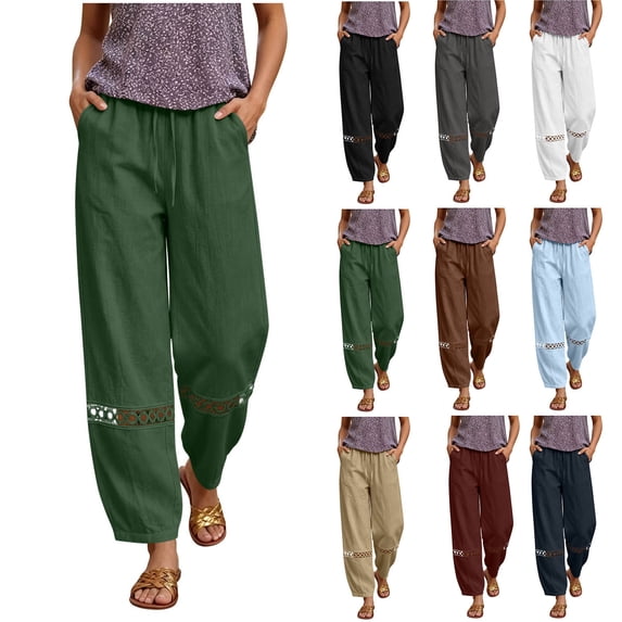 Zedker 100% Cotton Linen Capri Leggings for Women Elastic High Waisted Loose Lantern Tapered Harem Pants with Pockets White S