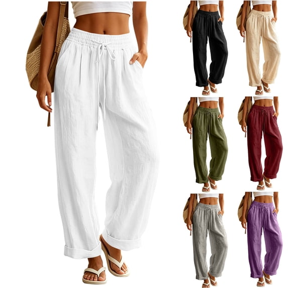 Zedker 100% Cotton Pants Women Wide Leg Palazzo 2026 Summer Flowy Pants Beach Vacation Clothes Elastic Waist Travel Trousers with Pockets Beige L