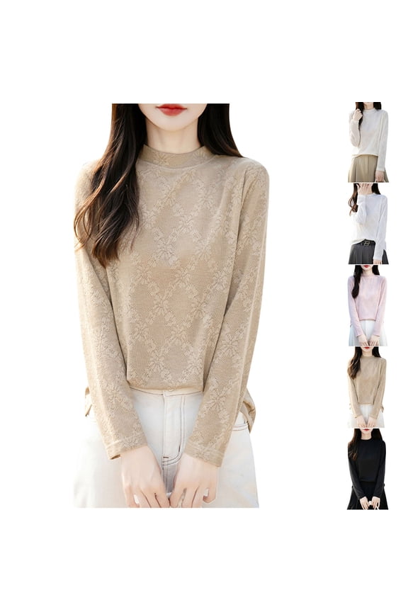 100% Wool Sweaters for Women's Fall Winter Knitted Thick Pullover Long Sleeves Warm Crew Neck Shirts for Women Beige L