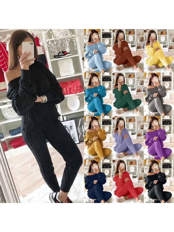 2 Pieces Women Cable Knitted Outfits Chunky Long Sleeve Sweater Pullover Top and Pants Winter Plus Size Lounge Sets BlackXXL