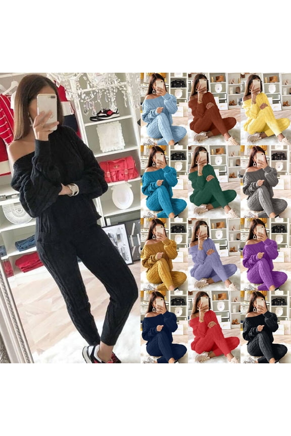 2 Pieces Women Cable Knitted Outfits Chunky Long Sleeve Sweater Pullover Top and Pants Winter Plus Size Lounge Sets PurpleXXXXL