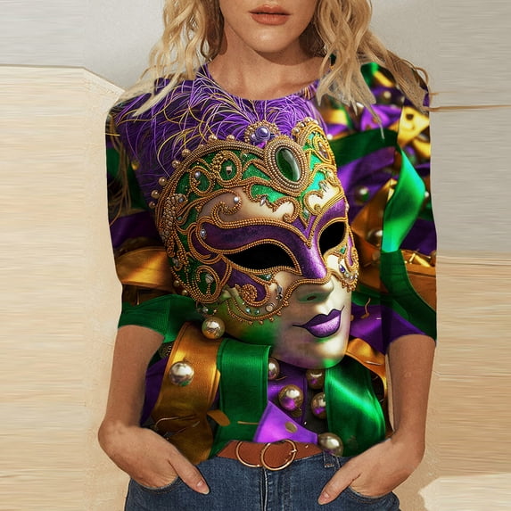 Zedker 2026 Mardi Gras Shirts for Women Outfits Mardi Gras Outfit for Women Mask Graphic Printed 3/4 sleeve Carnival Tops 2026 Carnival Shirt