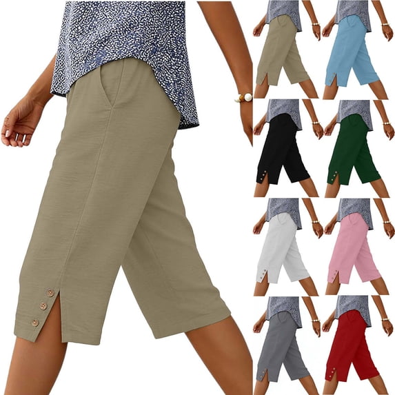 Zedker 2026 Women's Elastic Waist 3/4 Capri Harem Pants with Pockets Casual Loose Solid Yoga Trousers Army Green L