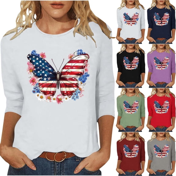 Zedker 4th of July Patriotic Tops for Women Crew Neck Three Quarter Sleeve Split Color Block Half Stars Half Stripes Tunic Unique American Flag Themed Party Tshirt Gray Size S-XXXXXL