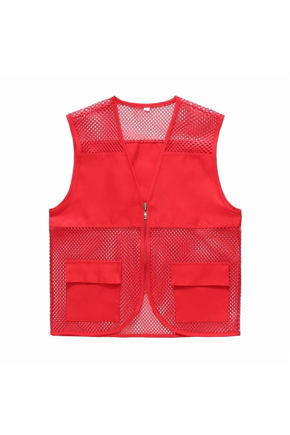 Adult Mesh Volunteer Activity Vest Lightweight Breathable Supermarket Uniform Vests Jacket Clerk Workwear with Pocket Red Plus XL