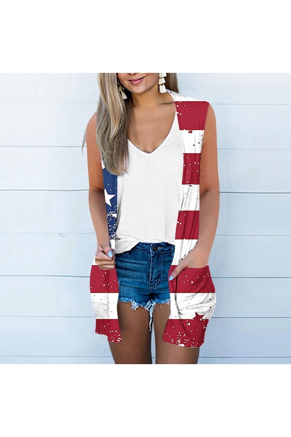 American Flag Cardigan Tops for Women Short Sleeve Flowy 4th of July Cover Up Open Front Ladies Tops and Blouses Red Size S-XXL