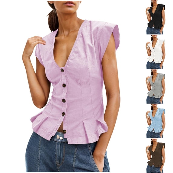 Zedker Blazer for Womens Scoop Neck Vest Summer Linen Sleeveless Fitted Waistcoat Work Casual Cotton Suit Tops Black L